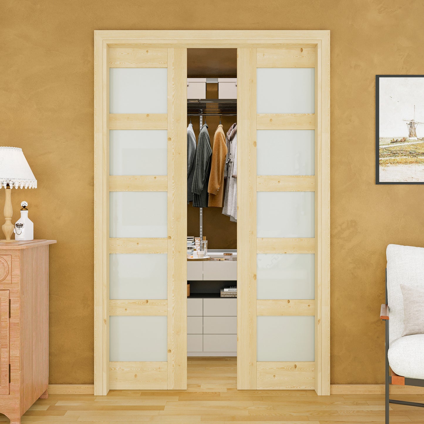 JUJUBON Soft-Close Sliding Pocket Doors, 5 Panel Tempered Frosted Glass&Pine Wood Door Slab with Hardware Kit&Pocket Door Frame, Interior Sliding Doors for 2x4 Stud, Unfinished