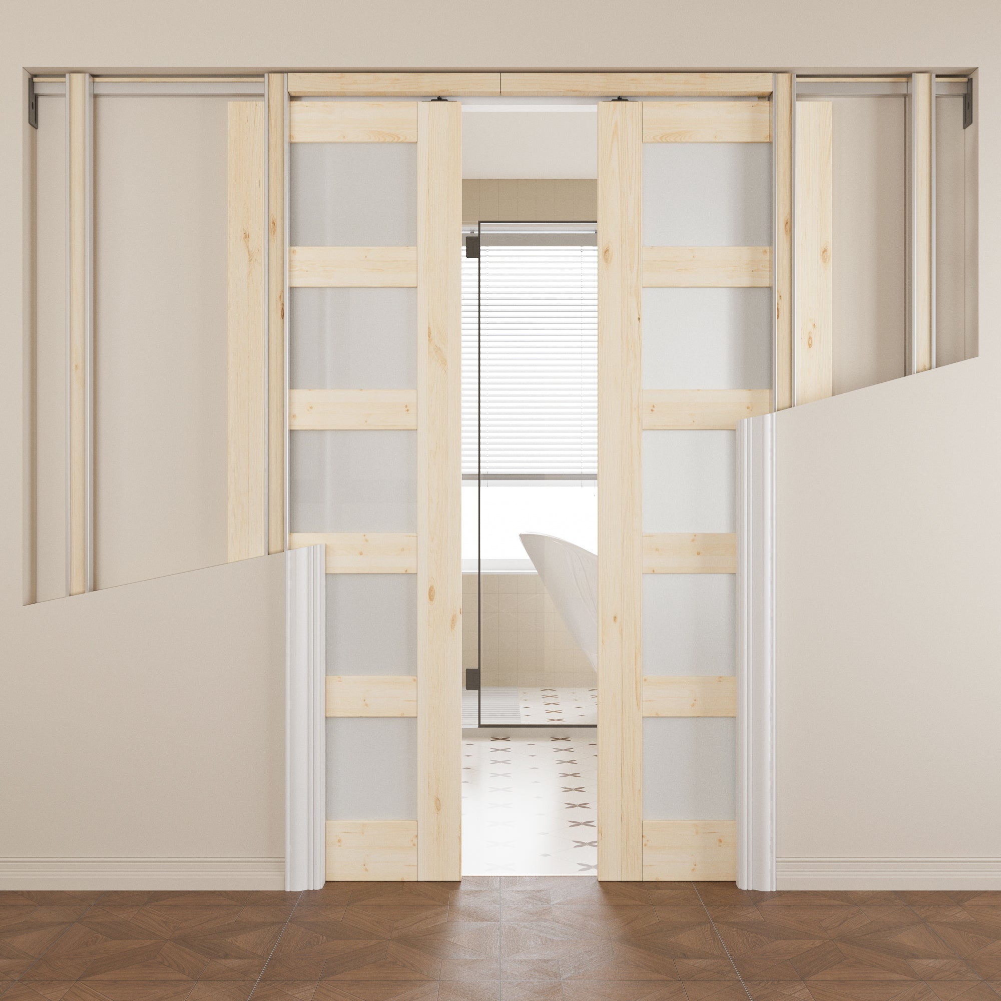 JUJUBON Soft-Close Sliding Pocket Doors, 5 Panel Tempered Frosted Glass&Pine Wood Door Slab with Hardware Kit&Pocket Door Frame, Interior Sliding Doors for 2x4 Stud, Unfinished