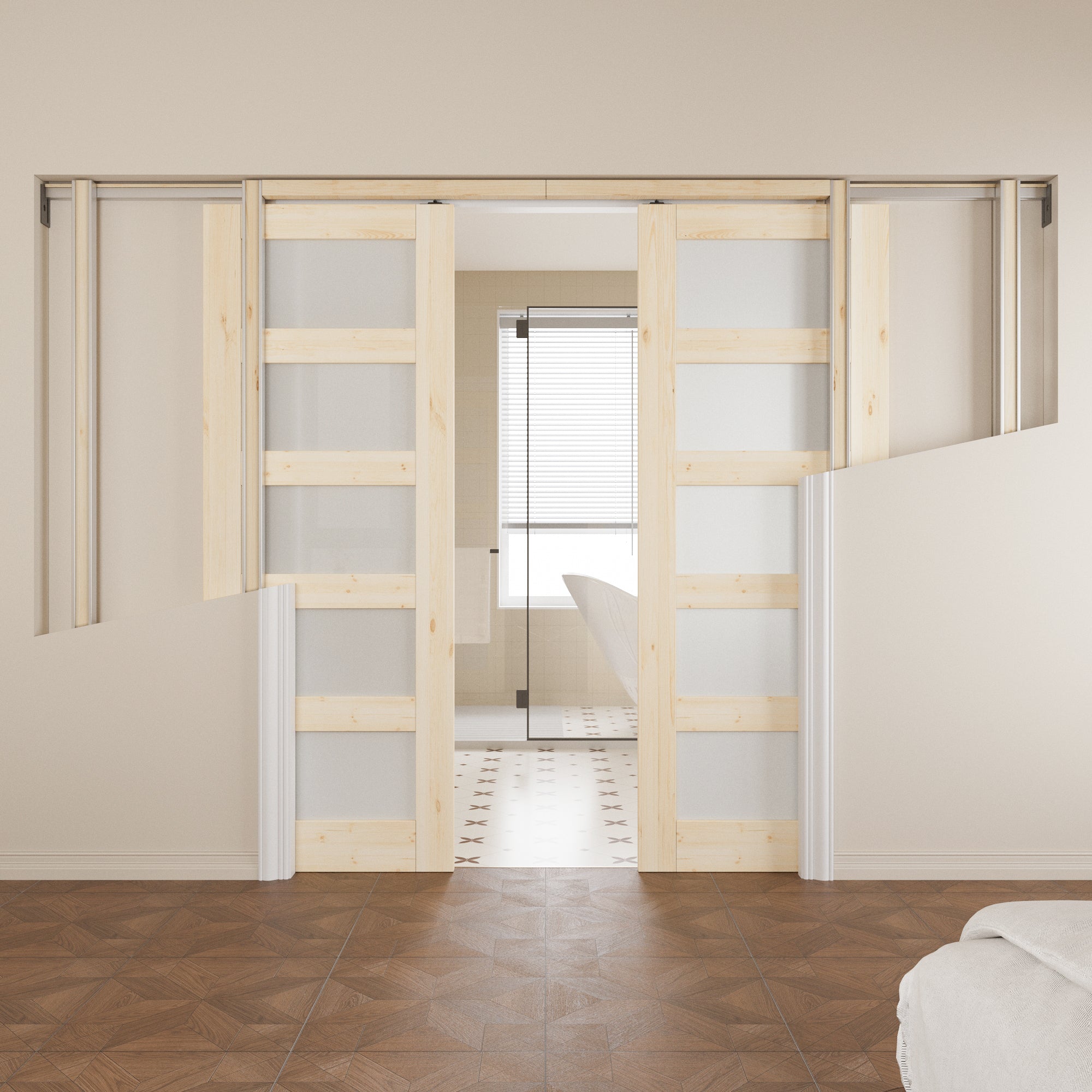 JUJUBON Soft-Close Sliding Pocket Doors, 5 Panel Tempered Frosted Glass&Pine Wood Door Slab with Hardware Kit&Pocket Door Frame, Interior Sliding Doors for 2x4 Stud, Unfinished