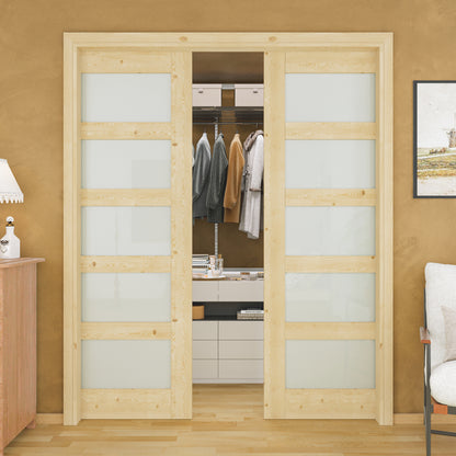 JUJUBON Soft-Close Sliding Pocket Doors, 5 Panel Tempered Frosted Glass&Pine Wood Door Slab with Hardware Kit&Pocket Door Frame, Interior Sliding Doors for 2x4 Stud, Unfinished