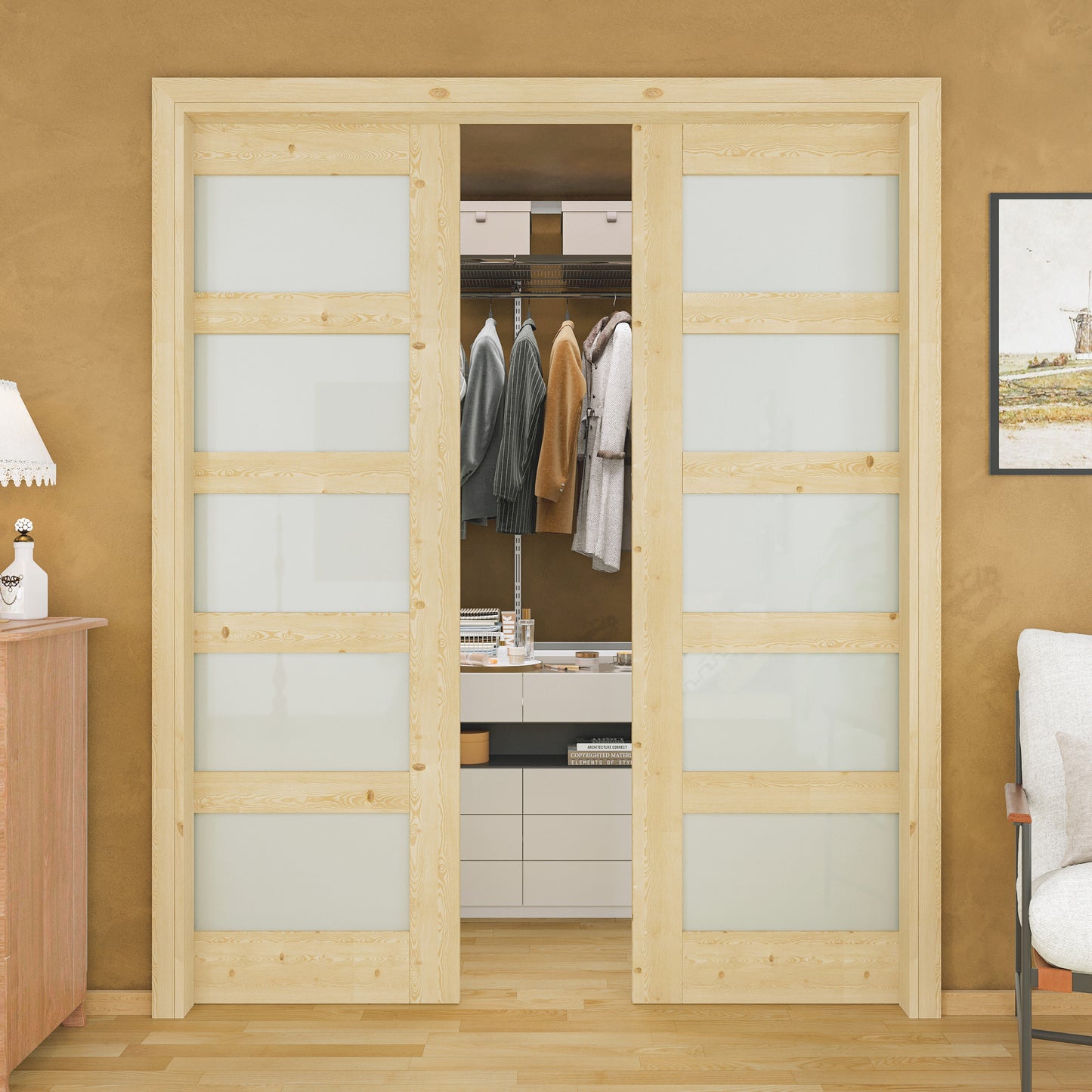 JUJUBON Soft-Close Sliding Pocket Doors, 5 Panel Tempered Frosted Glass&Pine Wood Door Slab with Hardware Kit&Pocket Door Frame, Interior Sliding Doors for 2x4 Stud, Unfinished