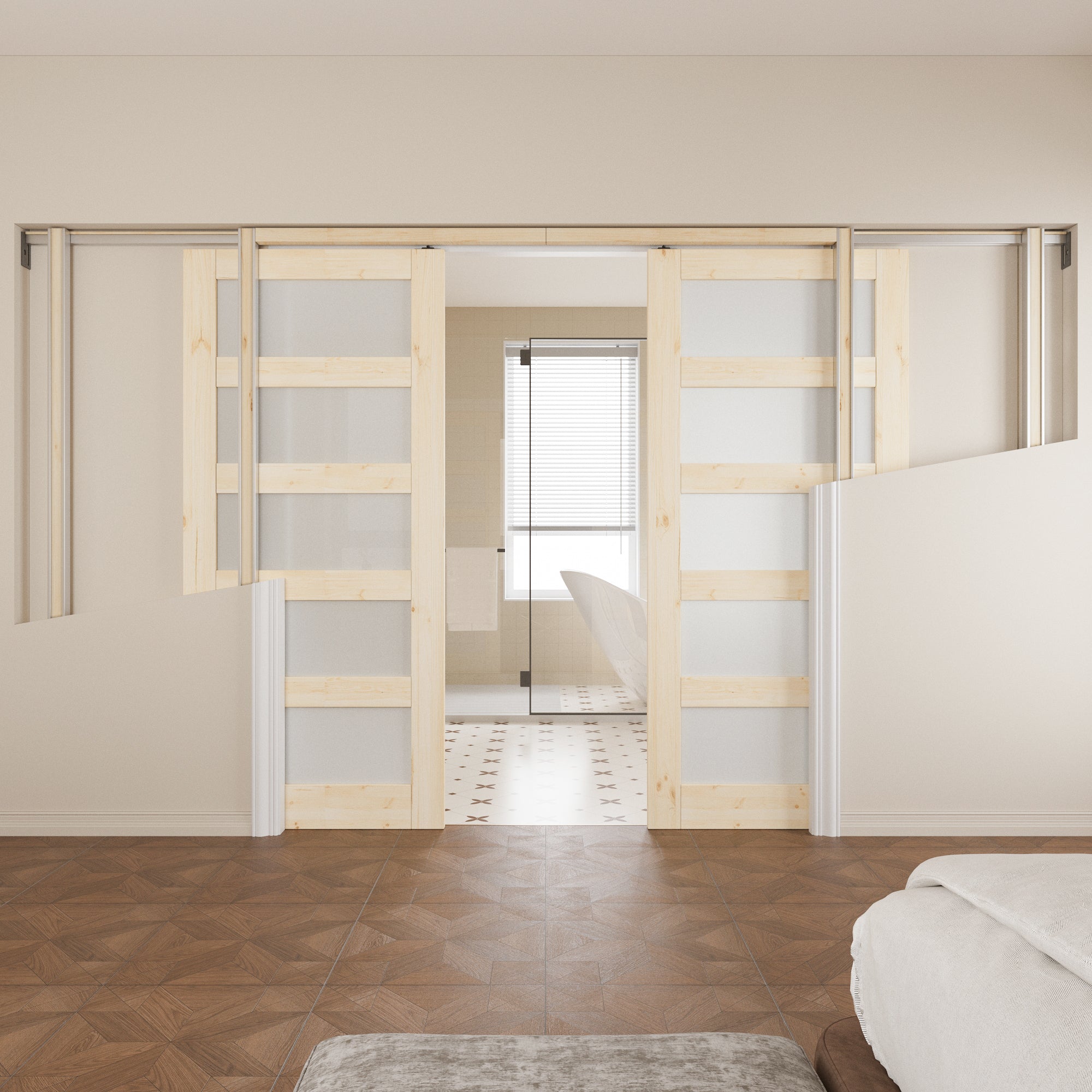 JUJUBON Soft-Close Sliding Pocket Doors, 5 Panel Tempered Frosted Glass&Pine Wood Door Slab with Hardware Kit&Pocket Door Frame, Interior Sliding Doors for 2x4 Stud, Unfinished