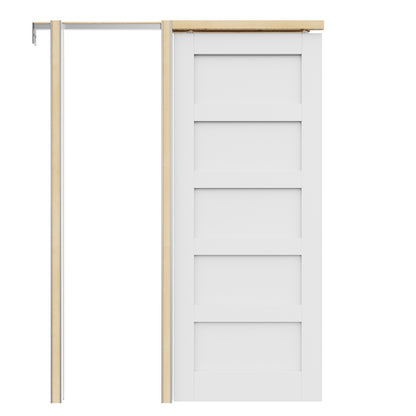 JUJUBON Soft-Close Sliding Pocket Doors, 5 Panel Solid Core MDF Door Slab with Hardware Kit&Pocket Door Frame, Interior Sliding Doors for 2x4 Stud, Pre-Finished&Paintable