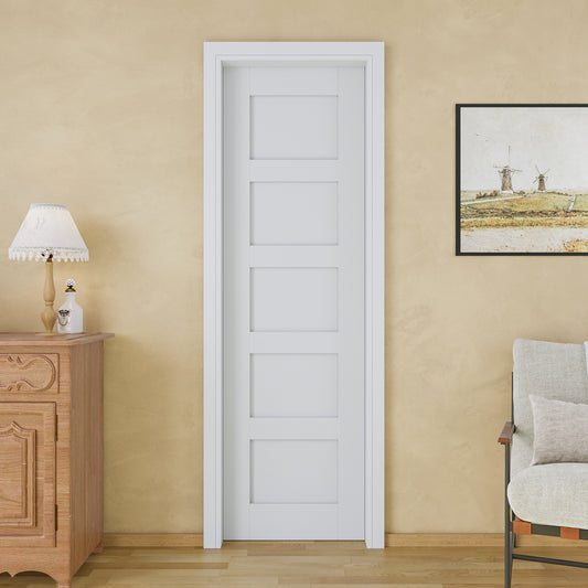 JUJUBON Soft-Close Sliding Pocket Doors, 5 Panel Solid Core MDF Door Slab with Hardware Kit&Pocket Door Frame, Interior Sliding Doors for 2x4 Stud, Pre-Finished&Paintable