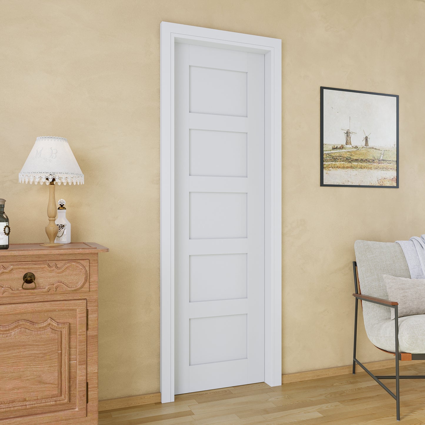 JUJUBON Soft-Close Sliding Pocket Doors, 5 Panel Solid Core MDF Door Slab with Hardware Kit&Pocket Door Frame, Interior Sliding Doors for 2x4 Stud, Pre-Finished&Paintable