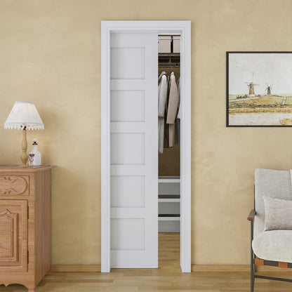 JUJUBON Soft-Close Sliding Pocket Doors, 5 Panel Solid Core MDF Door Slab with Hardware Kit&Pocket Door Frame, Interior Sliding Doors for 2x4 Stud, Pre-Finished&Paintable
