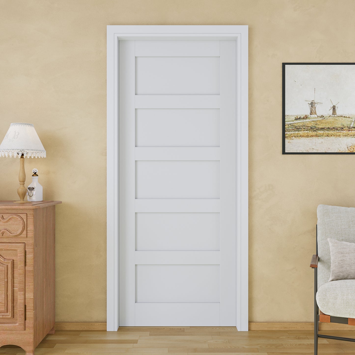 JUJUBON Soft-Close Sliding Pocket Doors, 5 Panel Solid Core MDF Door Slab with Hardware Kit&Pocket Door Frame, Interior Sliding Doors for 2x4 Stud, Pre-Finished&Paintable