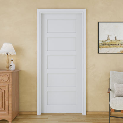 JUJUBON Soft-Close Sliding Pocket Doors, 5 Panel Solid Core MDF Door Slab with Hardware Kit&Pocket Door Frame, Interior Sliding Doors for 2x4 Stud, Pre-Finished&Paintable