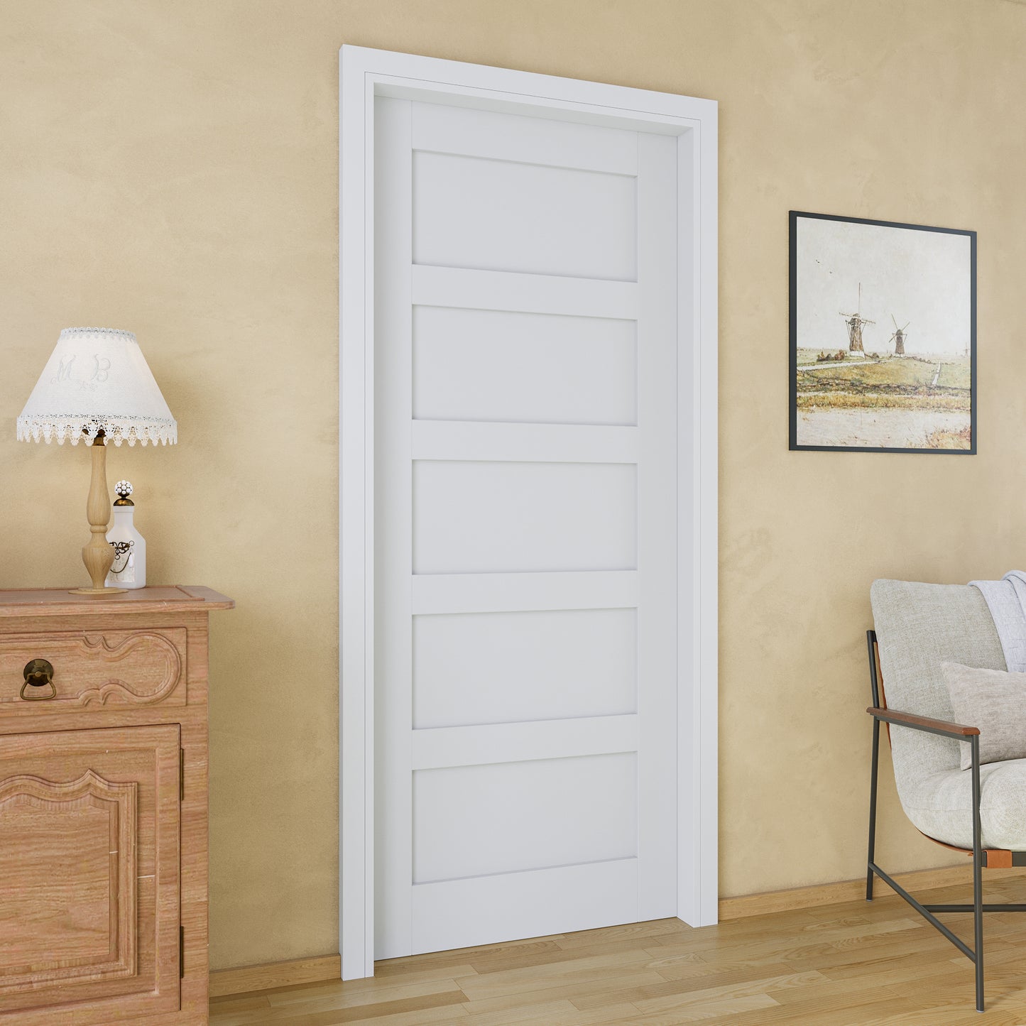 JUJUBON Soft-Close Sliding Pocket Doors, 5 Panel Solid Core MDF Door Slab with Hardware Kit&Pocket Door Frame, Interior Sliding Doors for 2x4 Stud, Pre-Finished&Paintable