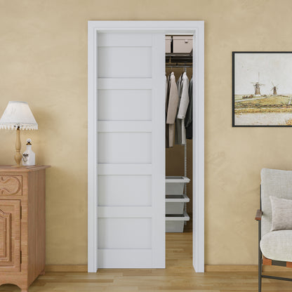 JUJUBON Soft-Close Sliding Pocket Doors, 5 Panel Solid Core MDF Door Slab with Hardware Kit&Pocket Door Frame, Interior Sliding Doors for 2x4 Stud, Pre-Finished&Paintable