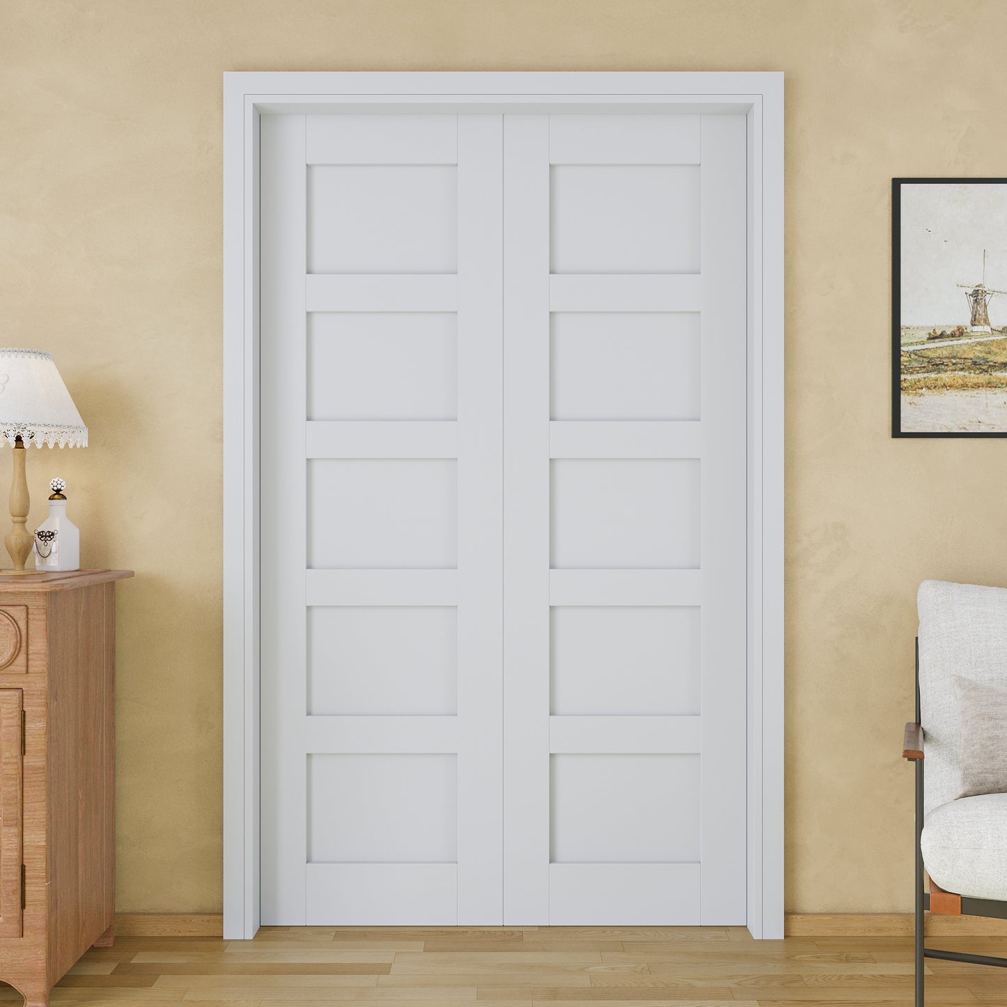 JUJUBON Soft-Close Sliding Pocket Doors, 5 Panel Solid Core MDF Door Slab with Hardware Kit&Pocket Door Frame, Interior Sliding Doors for 2x4 Stud, Pre-Finished&Paintable