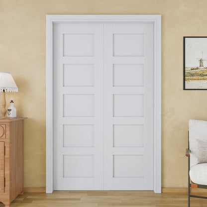 JUJUBON Soft-Close Sliding Pocket Doors, 5 Panel Solid Core MDF Door Slab with Hardware Kit&Pocket Door Frame, Interior Sliding Doors for 2x4 Stud, Pre-Finished&Paintable