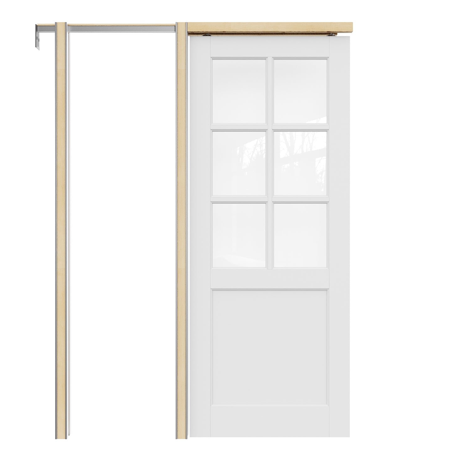 JUJUBON Soft-Close Sliding Pocket Doors, 6-Lite Tempered Clear Glass Door Slab with Hardware Kit&Pocket Door Frame, Interior Sliding Doors for 2x4 Stud, Pre-Finished&Paintable