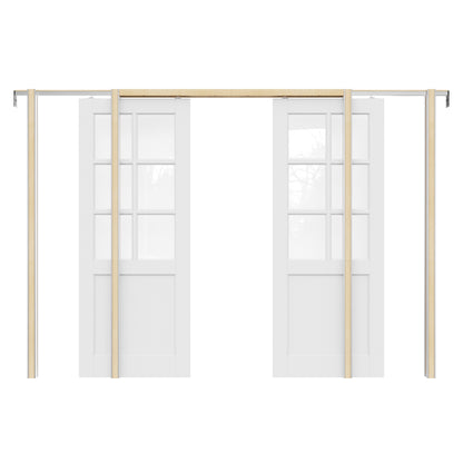 JUJUBON Soft-Close Sliding Pocket Doors, 6-Lite Tempered Clear Glass Door Slab with Hardware Kit&Pocket Door Frame, Interior Sliding Doors for 2x4 Stud, Pre-Finished&Paintable