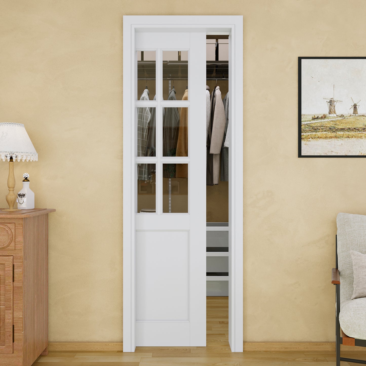 JUJUBON Soft-Close Sliding Pocket Doors, 6-Lite Tempered Clear Glass Door Slab with Hardware Kit&Pocket Door Frame, Interior Sliding Doors for 2x4 Stud, Pre-Finished&Paintable