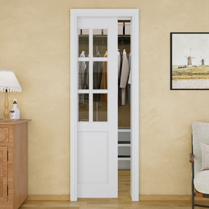 JUJUBON Soft-Close Sliding Pocket Doors, 6-Lite Tempered Clear Glass Door Slab with Hardware Kit&Pocket Door Frame, Interior Sliding Doors for 2x4 Stud, Pre-Finished&Paintable