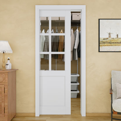JUJUBON Soft-Close Sliding Pocket Doors, 6-Lite Tempered Clear Glass Door Slab with Hardware Kit&Pocket Door Frame, Interior Sliding Doors for 2x4 Stud, Pre-Finished&Paintable