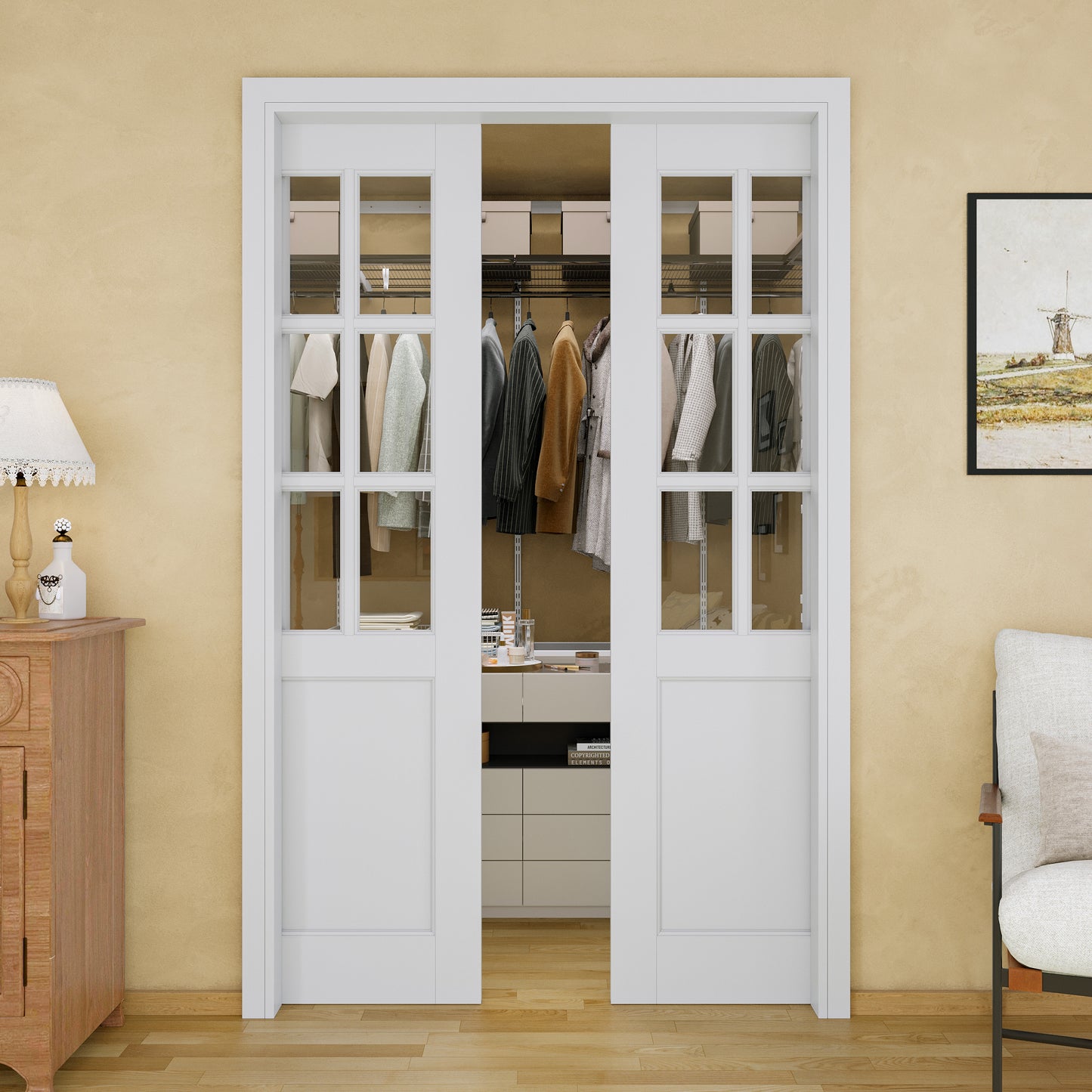 JUJUBON Soft-Close Sliding Pocket Doors, 6-Lite Tempered Clear Glass Door Slab with Hardware Kit&Pocket Door Frame, Interior Sliding Doors for 2x4 Stud, Pre-Finished&Paintable