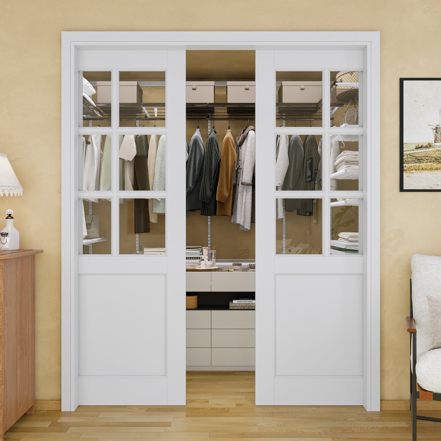 JUJUBON Soft-Close Sliding Pocket Doors, 6-Lite Tempered Clear Glass Door Slab with Hardware Kit&Pocket Door Frame, Interior Sliding Doors for 2x4 Stud, Pre-Finished&Paintable