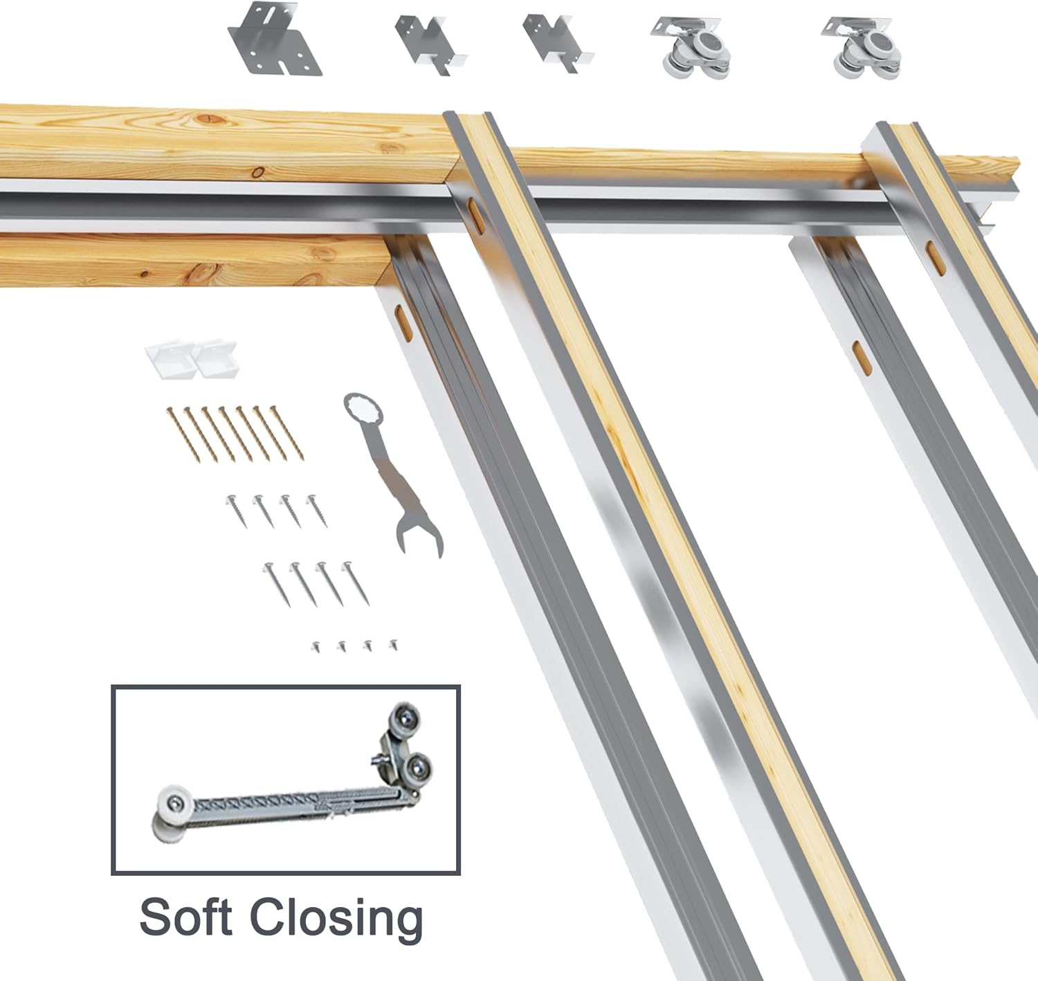 JUJUBON Soft-Close Sliding Pocket Doors, 5 Panel Tempered Frosted Glass&Pine Wood Door Slab with Hardware Kit&Pocket Door Frame, Interior Sliding Doors for 2x4 Stud, Unfinished