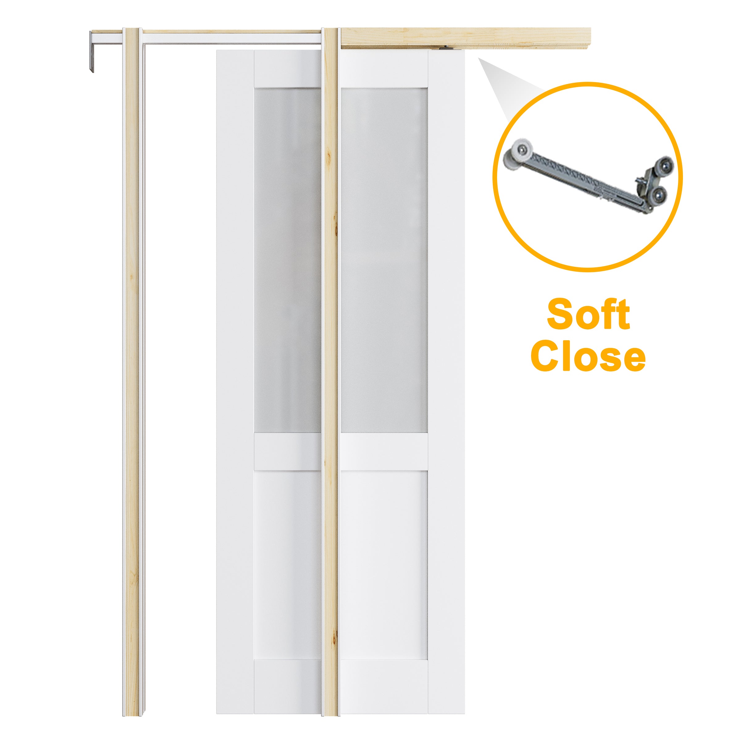JUJUBON Soft-Close Sliding Pocket Doors, Half Tempered Frosted Glass Door Slab with Hardware Kit&Pocket Door Frame, Interior Sliding Doors for 2x4 Stud, Pre-Finished&Paintable