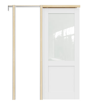 JUJUBON Soft-Close Sliding Pocket Doors, Half Tempered Frosted Glass Door Slab with Hardware Kit&Pocket Door Frame, Interior Sliding Doors for 2x4 Stud, Pre-Finished&Paintable