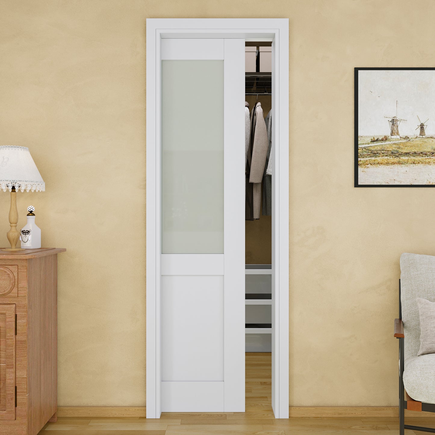 JUJUBON Soft-Close Sliding Pocket Doors, Half Tempered Frosted Glass Door Slab with Hardware Kit&Pocket Door Frame, Interior Sliding Doors for 2x4 Stud, Pre-Finished&Paintable