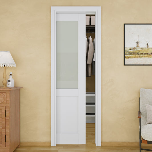 JUJUBON Soft-Close Sliding Pocket Doors, Half Tempered Frosted Glass Door Slab with Hardware Kit&Pocket Door Frame, Interior Sliding Doors for 2x4 Stud, Pre-Finished&Paintable