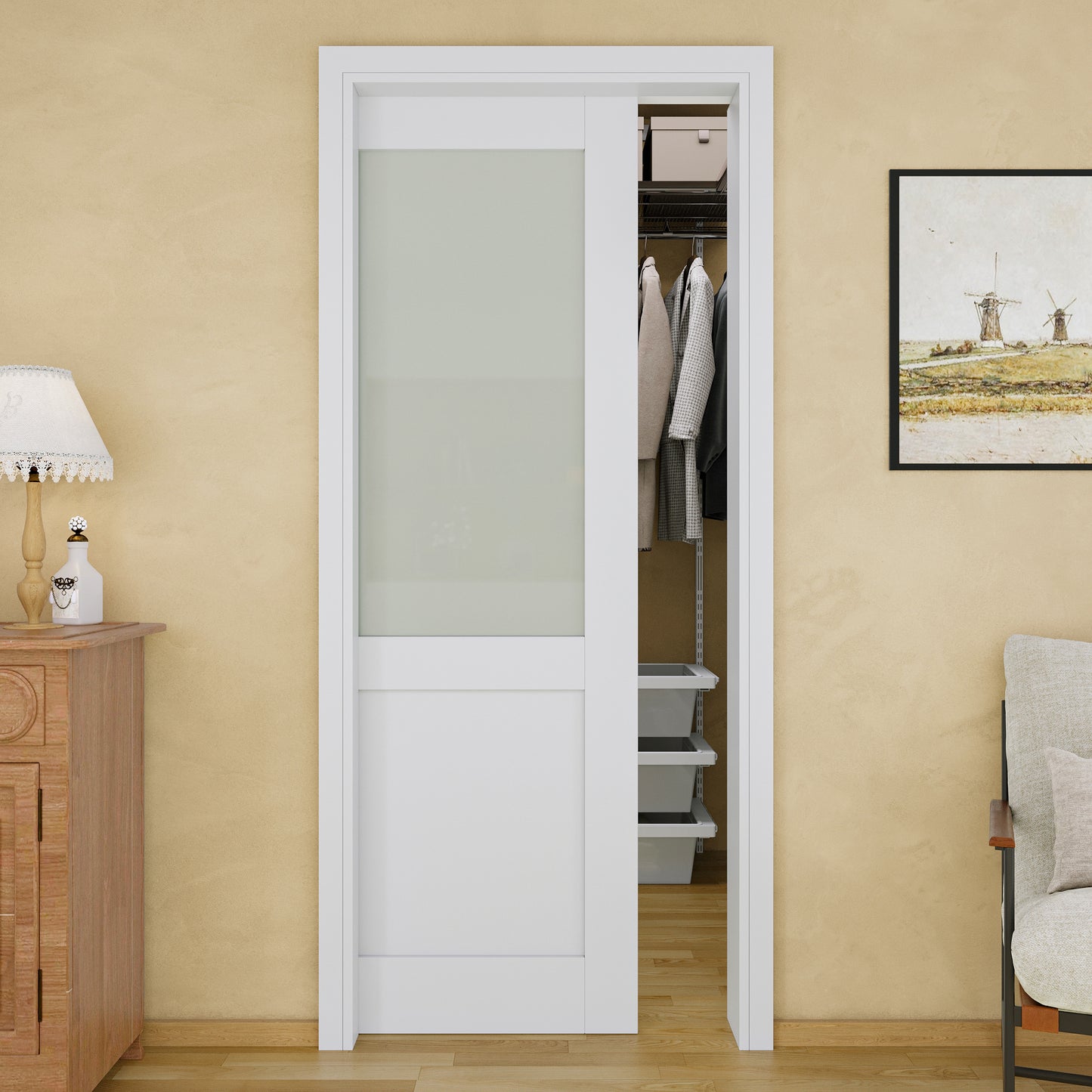 JUJUBON Soft-Close Sliding Pocket Doors, Half Tempered Frosted Glass Door Slab with Hardware Kit&Pocket Door Frame, Interior Sliding Doors for 2x4 Stud, Pre-Finished&Paintable