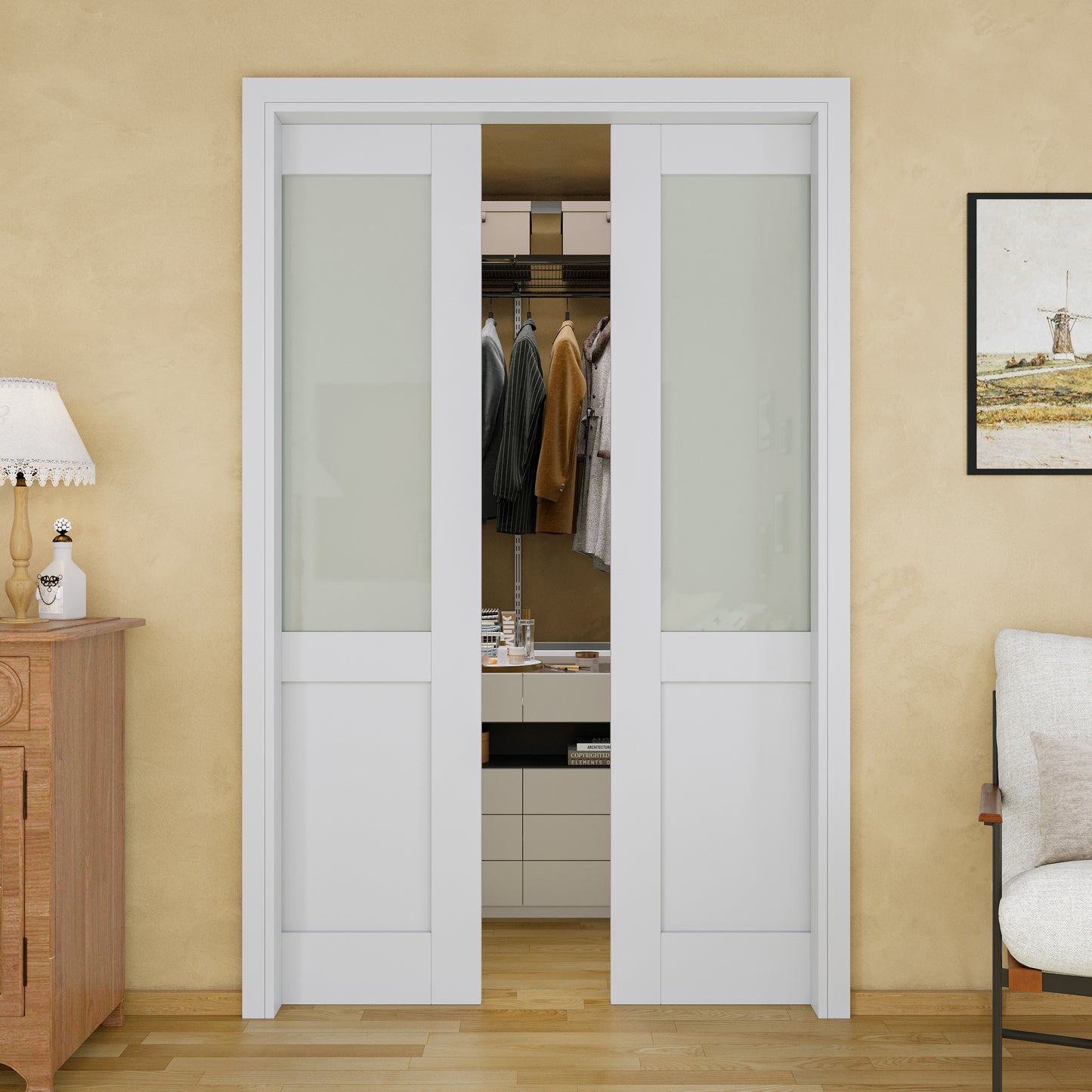 JUJUBON Soft-Close Sliding Pocket Doors, Half Tempered Frosted Glass Door Slab with Hardware Kit&Pocket Door Frame, Interior Sliding Doors for 2x4 Stud, Pre-Finished&Paintable