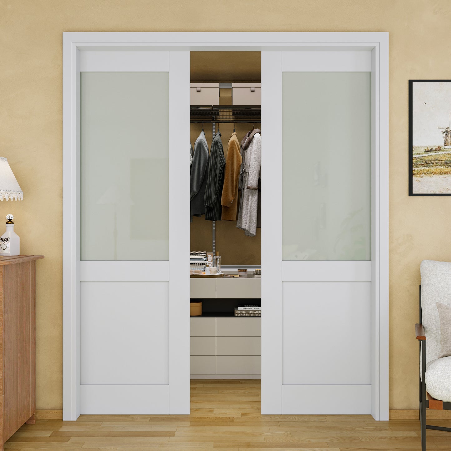 JUJUBON Soft-Close Sliding Pocket Doors, Half Tempered Frosted Glass Door Slab with Hardware Kit&Pocket Door Frame, Interior Sliding Doors for 2x4 Stud, Pre-Finished&Paintable