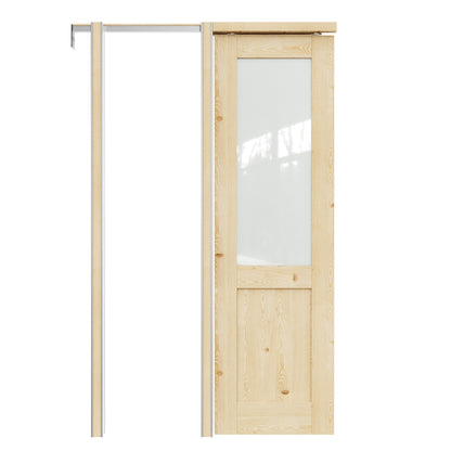 JUJUBON Soft-Close Sliding Pocket Doors, Half Tempered Frosted Glass&Pine Wood Door Slab with Hardware Kit&Pocket Door Frame, Interior Sliding Doors for 2x4 Stud, Unfinished
