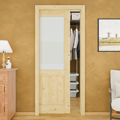 JUJUBON Soft-Close Sliding Pocket Doors, Half Tempered Frosted Glass&Pine Wood Door Slab with Hardware Kit&Pocket Door Frame, Interior Sliding Doors for 2x4 Stud, Unfinished