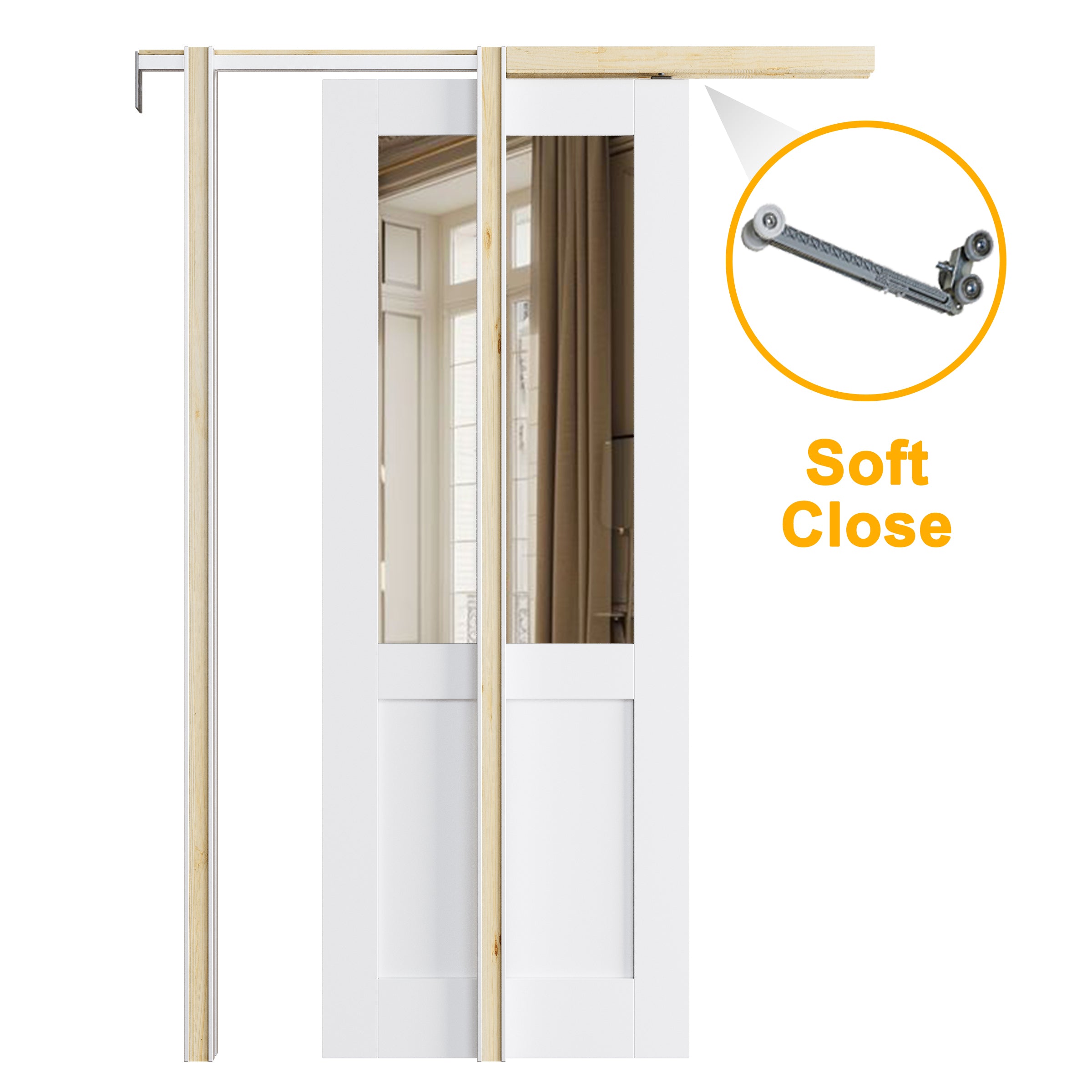 JUJUBON Soft-Close Sliding Pocket Doors, Miroor Door Slab with Hardware Kit&Pocket Door Frame, Interior Sliding Doors for 2x4 Stud, Pre-Finished&Paintable, One Side Mirror&The Opposite White