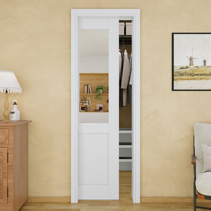 JUJUBON Soft-Close Sliding Pocket Doors, Mirror Door Slab with Hardware Kit&Pocket Door Frame, Interior Sliding Doors for 2x4 Stud, Pre-Finished&Paintable, One Side Mirror&The Opposite White