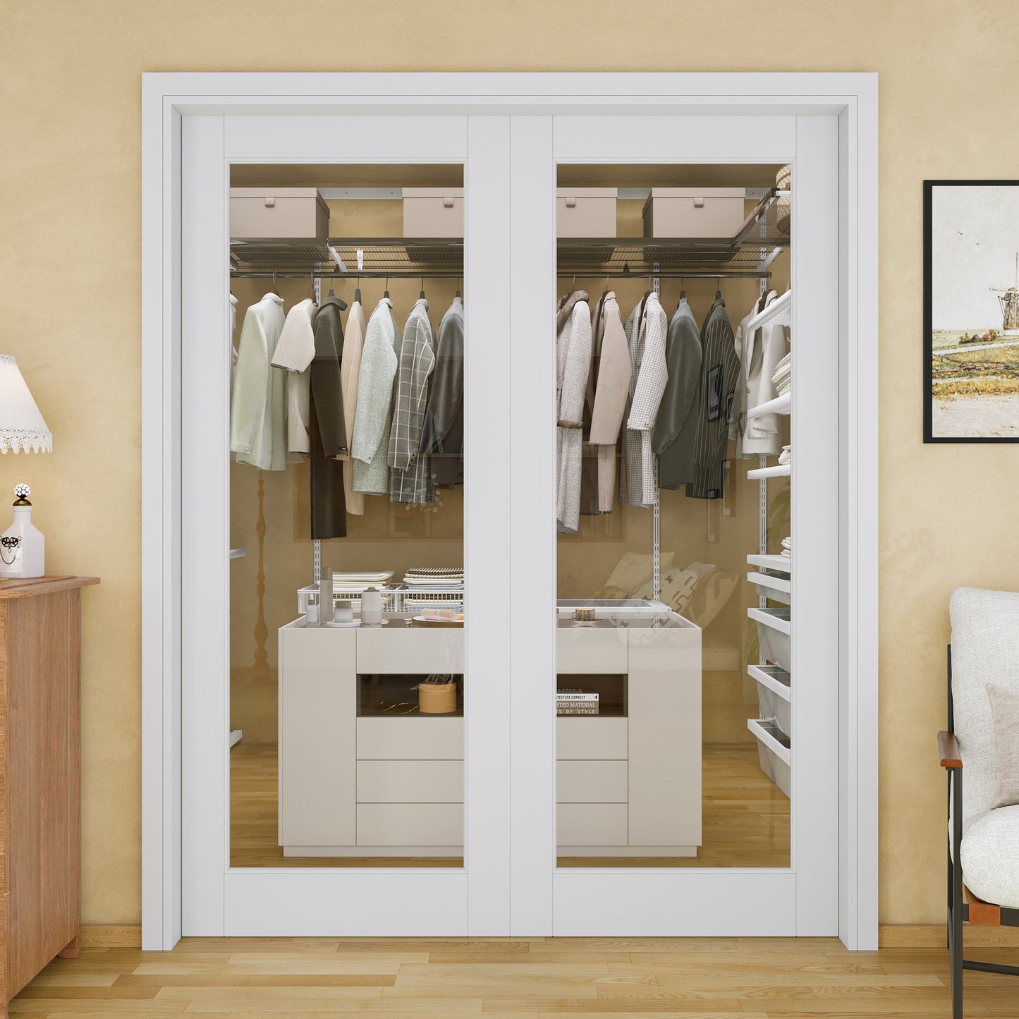 JUJUBON Soft-Close Sliding Pocket Doors, Tempered Clear Glass Door Slab with Hardware Kit&Pocket Door Frame, Interior Sliding Doors for 2x4 Stud, Pre-Finished&Paintable