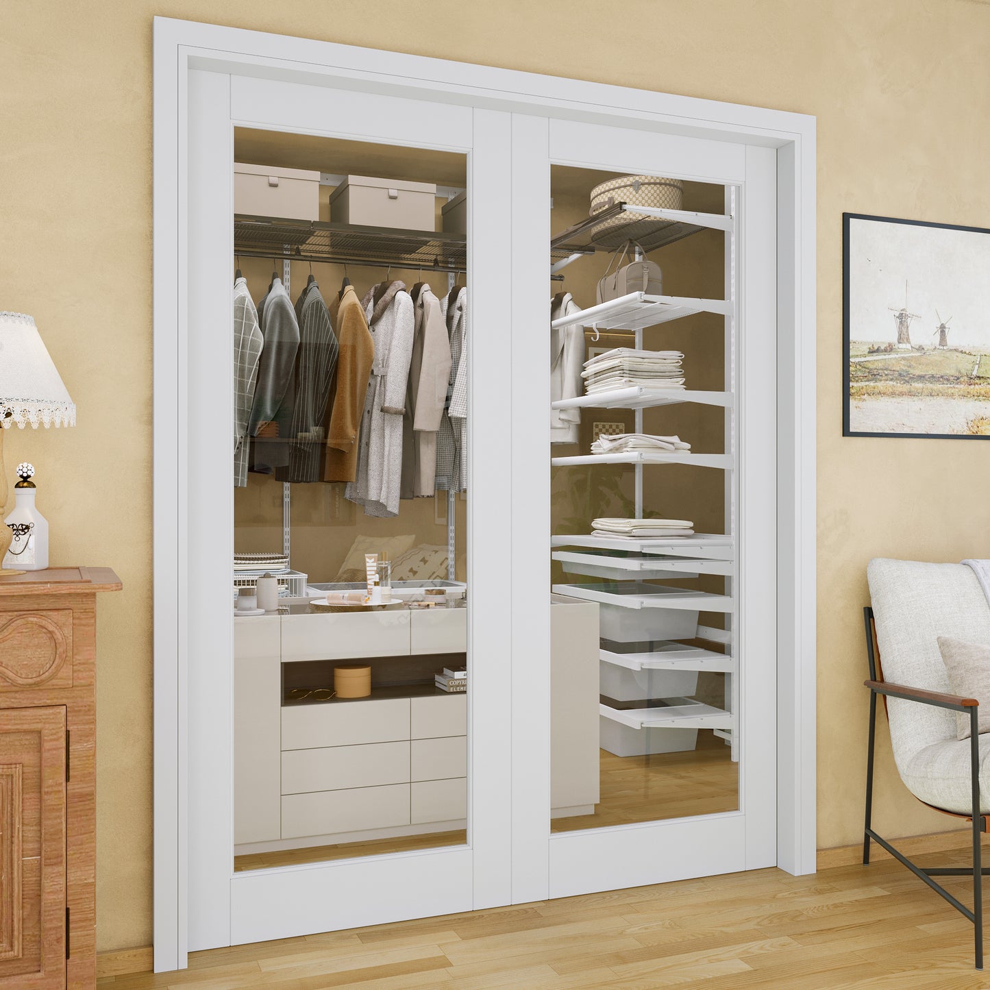 JUJUBON Soft-Close Sliding Pocket Doors, Tempered Clear Glass Door Slab with Hardware Kit&Pocket Door Frame, Interior Sliding Doors for 2x4 Stud, Pre-Finished&Paintable