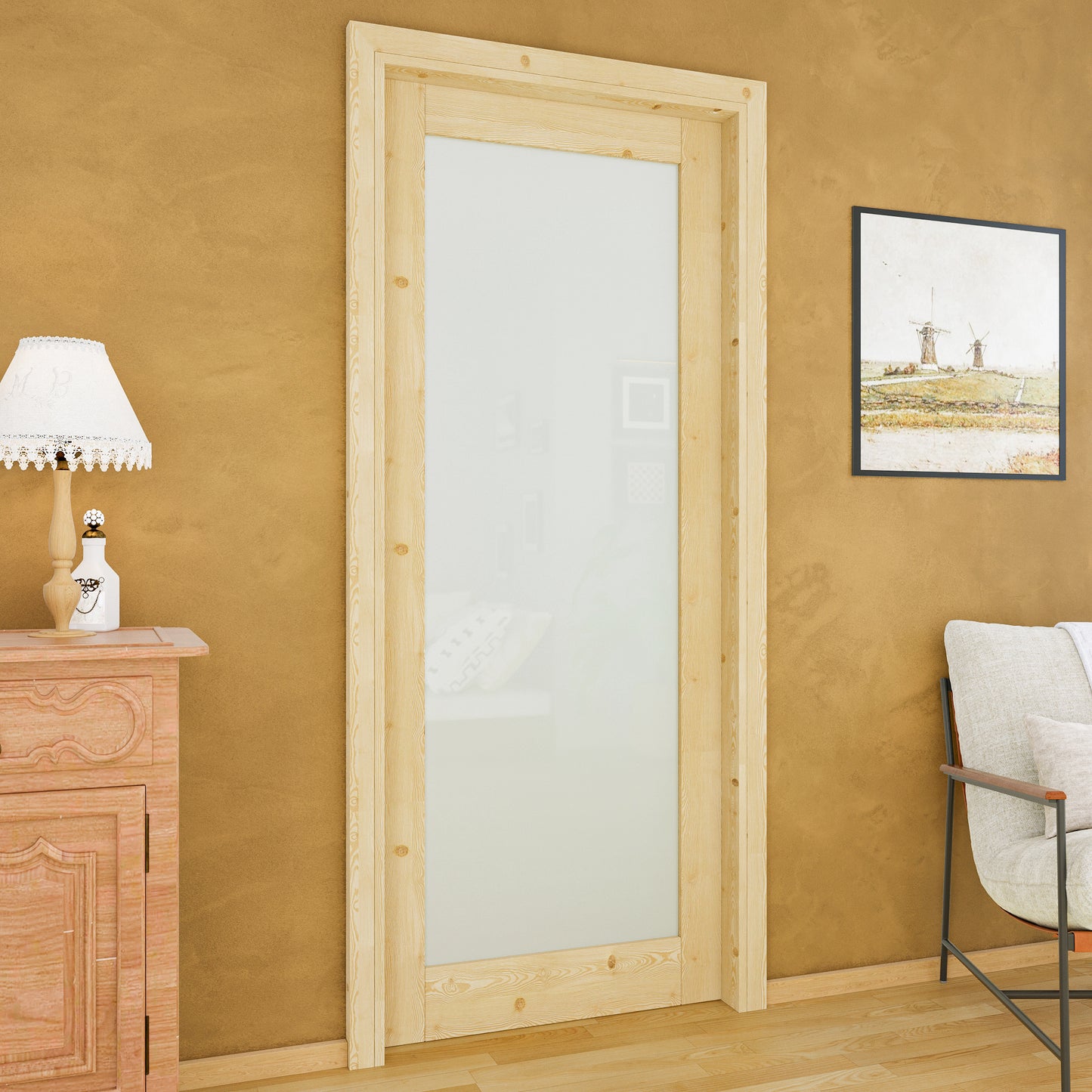 JUJUBON Soft-Close Sliding Pocket Doors, Tempered Frosted Glass&Pine Wood Door Slab with Hardware Kit&Pocket Door Frame, Interior Sliding Doors for 2x4 Stud, Unfinished