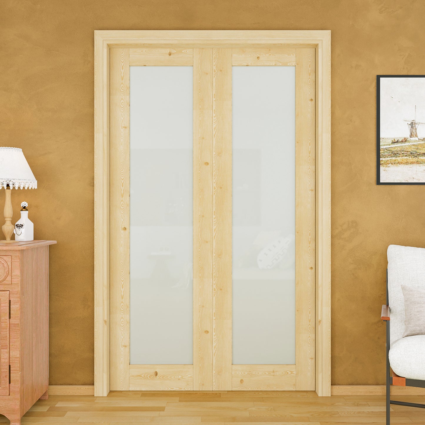 JUJUBON Soft-Close Sliding Pocket Doors, Tempered Frosted Glass&Pine Wood Door Slab with Hardware Kit&Pocket Door Frame, Interior Sliding Doors for 2x4 Stud, Unfinished