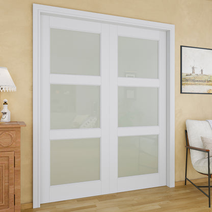 JUJUBON Soft-Close Sliding Pocket Doors, 3 Panel Tempered Frosted Glass Door Slab with Hardware Kit&Pocket Door Frame, Interior Sliding Doors for 2x4 Stud, Pre-Finished&Paintable