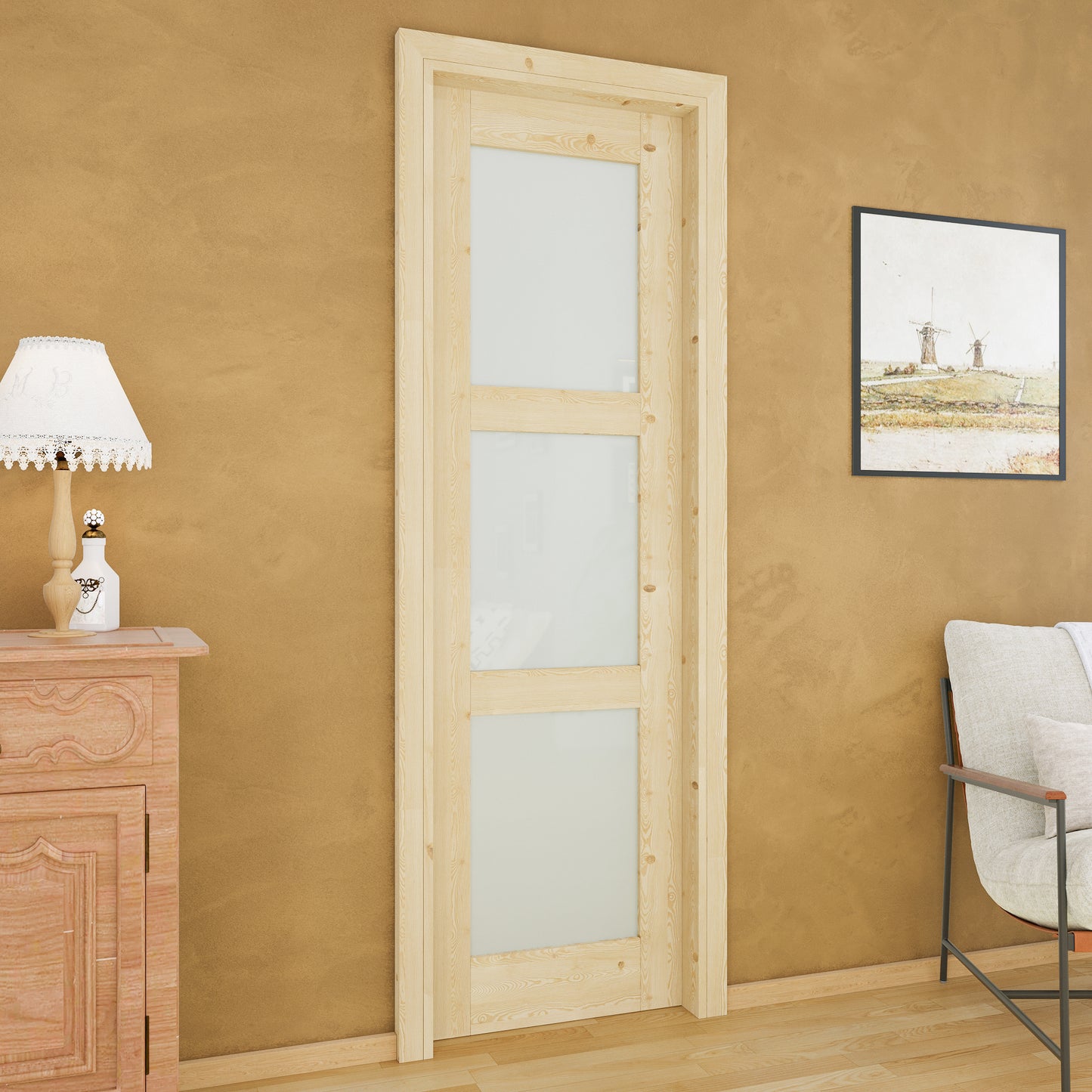 JUJUBON Soft-Close Sliding Pocket Doors, 3 Panel Tempered Frosted Glass&Pine Wood Door Slab with Hardware Kit&Pocket Door Frame, Interior Sliding Doors for 2x4 Stud, Unfinished