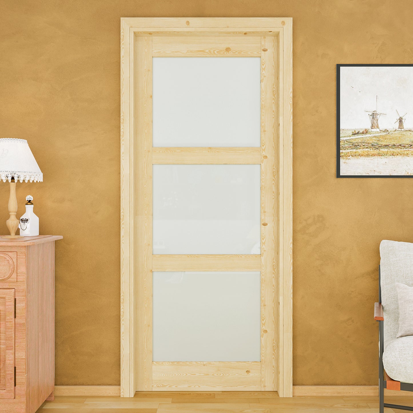 JUJUBON Soft-Close Sliding Pocket Doors, 3 Panel Tempered Frosted Glass&Pine Wood Door Slab with Hardware Kit&Pocket Door Frame, Interior Sliding Doors for 2x4 Stud, Unfinished
