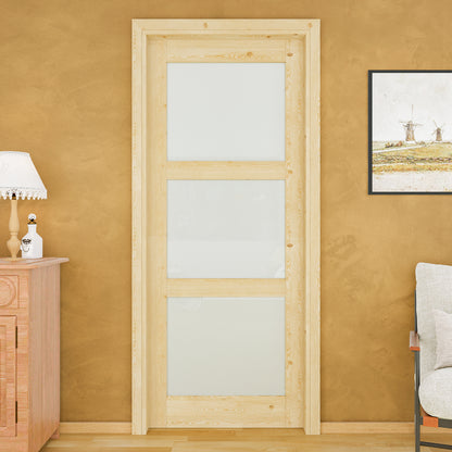 JUJUBON Soft-Close Sliding Pocket Doors, 3 Panel Tempered Frosted Glass&Pine Wood Door Slab with Hardware Kit&Pocket Door Frame, Interior Sliding Doors for 2x4 Stud, Unfinished
