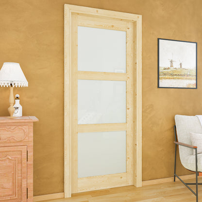 JUJUBON Soft-Close Sliding Pocket Doors, 3 Panel Tempered Frosted Glass&Pine Wood Door Slab with Hardware Kit&Pocket Door Frame, Interior Sliding Doors for 2x4 Stud, Unfinished
