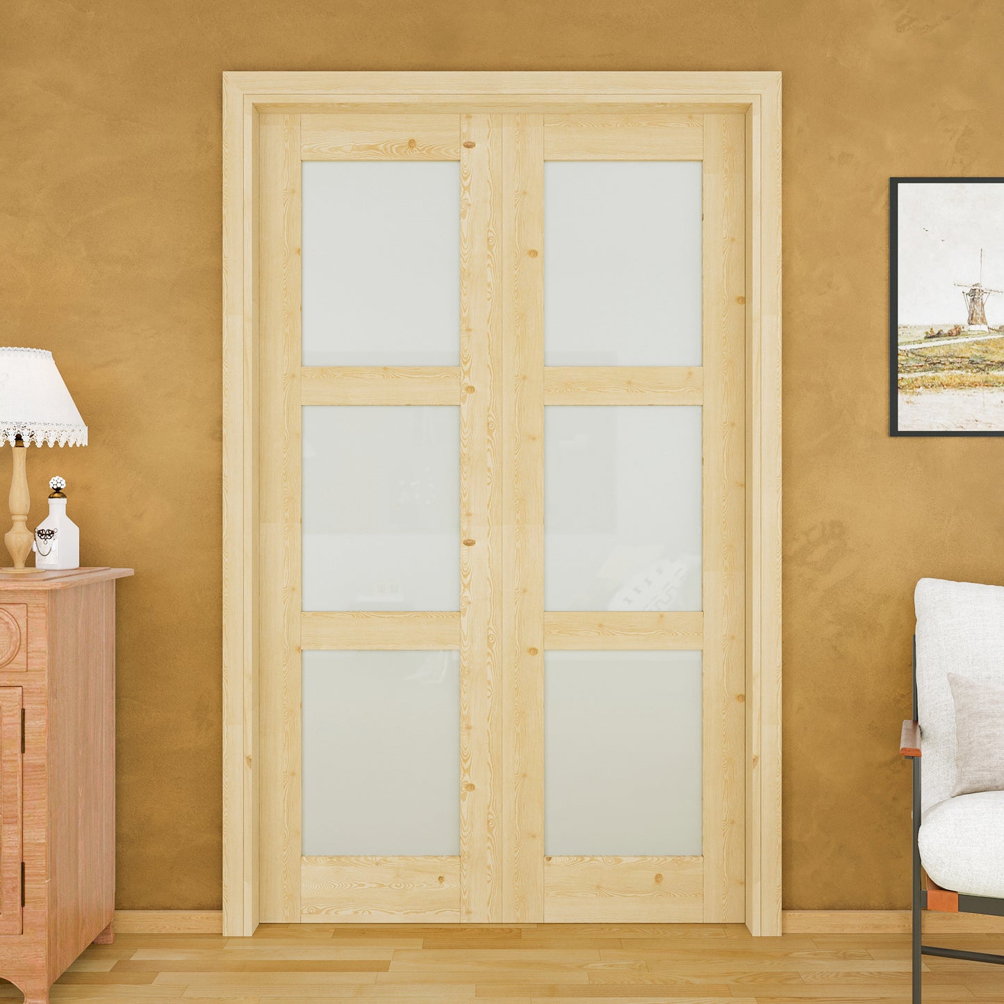 JUJUBON Soft-Close Sliding Pocket Doors, 3 Panel Tempered Frosted Glass&Pine Wood Door Slab with Hardware Kit&Pocket Door Frame, Interior Sliding Doors for 2x4 Stud, Unfinished