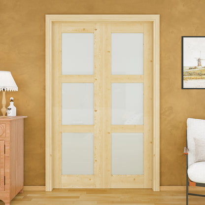 JUJUBON Soft-Close Sliding Pocket Doors, 3 Panel Tempered Frosted Glass&Pine Wood Door Slab with Hardware Kit&Pocket Door Frame, Interior Sliding Doors for 2x4 Stud, Unfinished