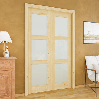 JUJUBON Soft-Close Sliding Pocket Doors, 3 Panel Tempered Frosted Glass&Pine Wood Door Slab with Hardware Kit&Pocket Door Frame, Interior Sliding Doors for 2x4 Stud, Unfinished