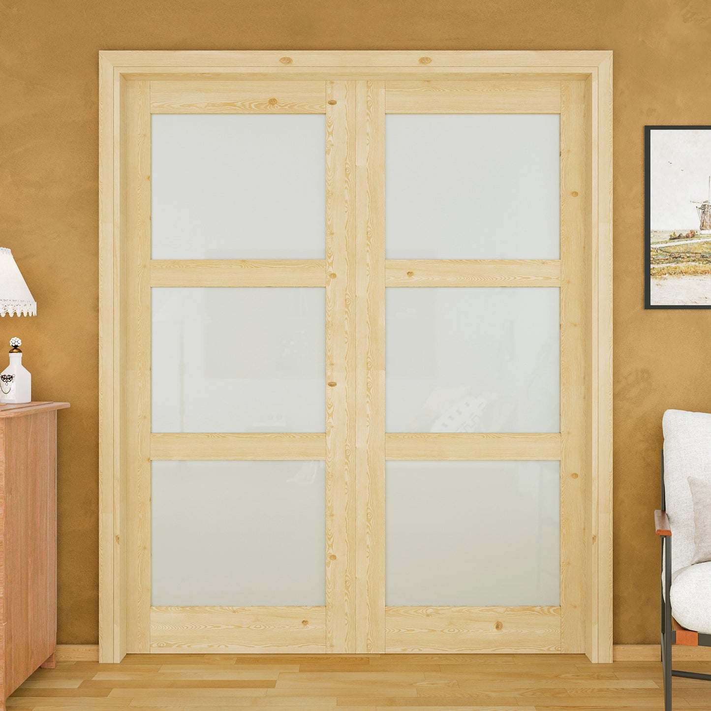JUJUBON Soft-Close Sliding Pocket Doors, 3 Panel Tempered Frosted Glass&Pine Wood Door Slab with Hardware Kit&Pocket Door Frame, Interior Sliding Doors for 2x4 Stud, Unfinished