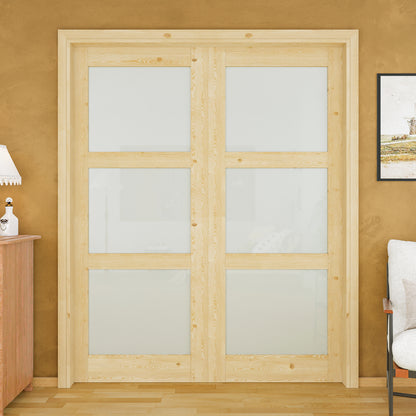 JUJUBON Soft-Close Sliding Pocket Doors, 3 Panel Tempered Frosted Glass&Pine Wood Door Slab with Hardware Kit&Pocket Door Frame, Interior Sliding Doors for 2x4 Stud, Unfinished