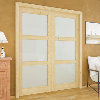 JUJUBON Soft-Close Sliding Pocket Doors, 3 Panel Tempered Frosted Glass&Pine Wood Door Slab with Hardware Kit&Pocket Door Frame, Interior Sliding Doors for 2x4 Stud, Unfinished